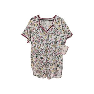 Nos Vintage 80s Barbizon Knit Nightgown Floral Cotton Blend Henley Sleep Shirt M